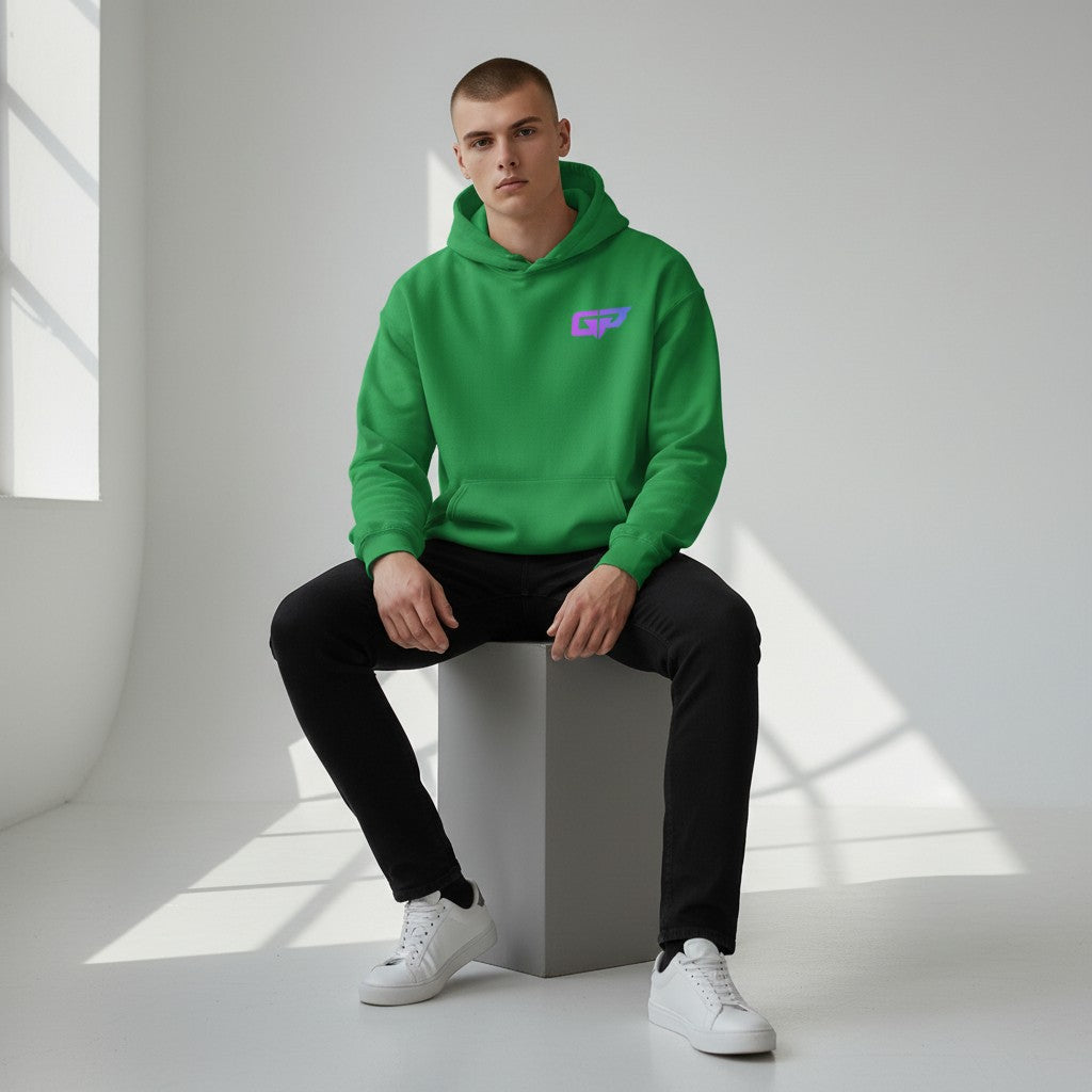 Gym Panthers green unisex hoodie with a gradient GP logo on the chest and a front pouch pocket.