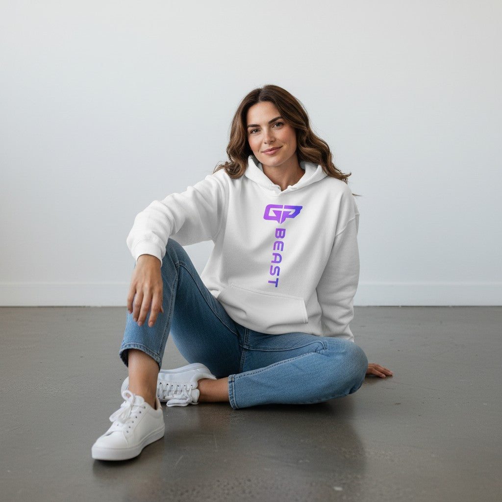 GYM PANTHERS white unisex hoodie with a vertical gradient logo and text that reads "BEAST" on the chest.