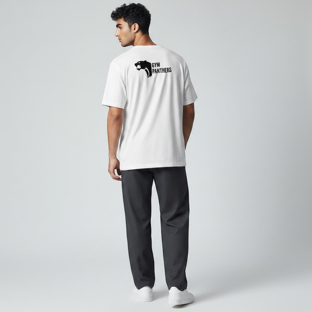 GYM PANTHERS white 100% cotton t-shirt with black panther logo on back, crew neck, short sleeves, designed for comfort and performance.