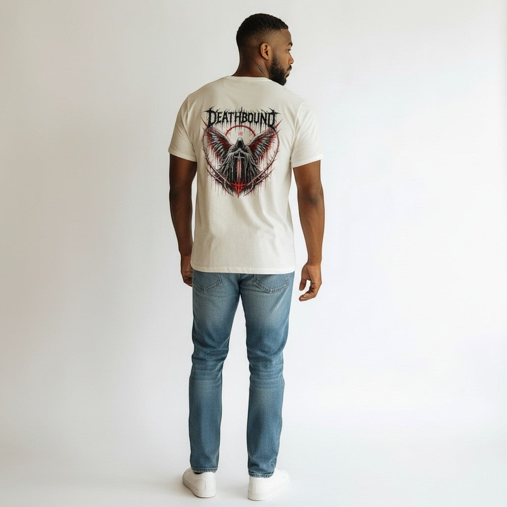 White 100% cotton t-shirt with a graphic print of a hooded figure with wings and a sword, featuring the word DEATHBOUND. GYM PANTHERS.