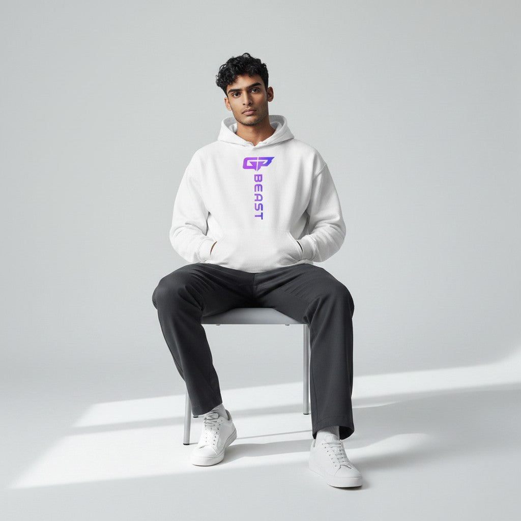 GYM PANTHERS white unisex hoodie with vertical purple gradient 'BEAST' logo and graphic.