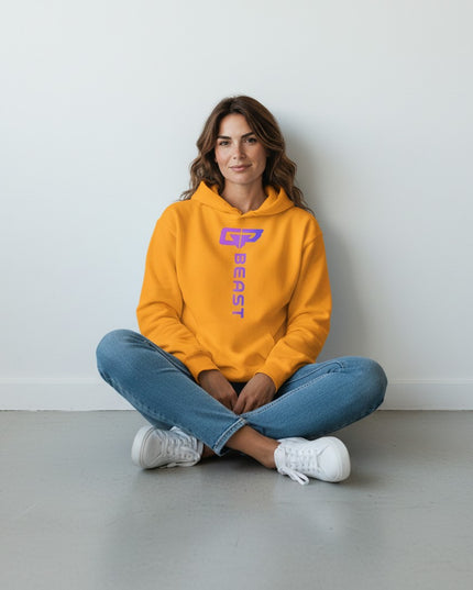 GYM PANTHERS Beast Elite Hoodie in bright orange with a purple and blue gradient logo and text.