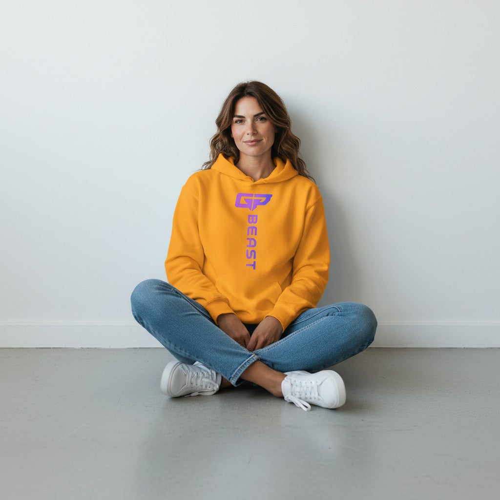 GYM PANTHERS Beast Elite Hoodie in bright orange with a purple and blue gradient logo and text.