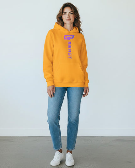 GYM PANTHERS Beast Elite Hoodie in bright orange with a purple and blue gradient logo and text.