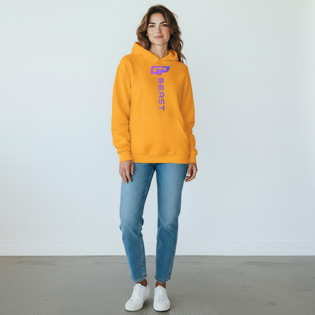 GYM PANTHERS Beast Elite Hoodie in bright orange with a purple and blue gradient logo and text.