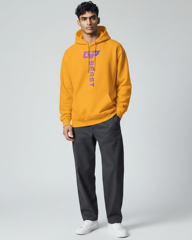 GYM PANTHERS Beast Elite Hoodie in bright yellow with a vertical purple and blue gradient logo and text.