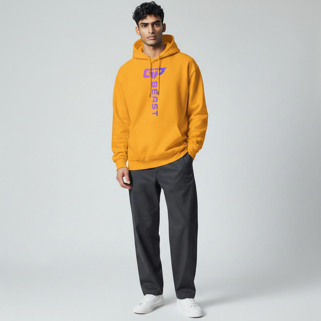 GYM PANTHERS Beast Elite Hoodie in bright yellow with a vertical purple and blue gradient logo and text.