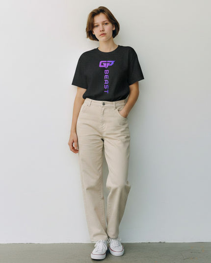 GYM PANTHERS women's dark heather t-shirt with vertical purple gradient 'BEAST' logo and GP emblem on back.