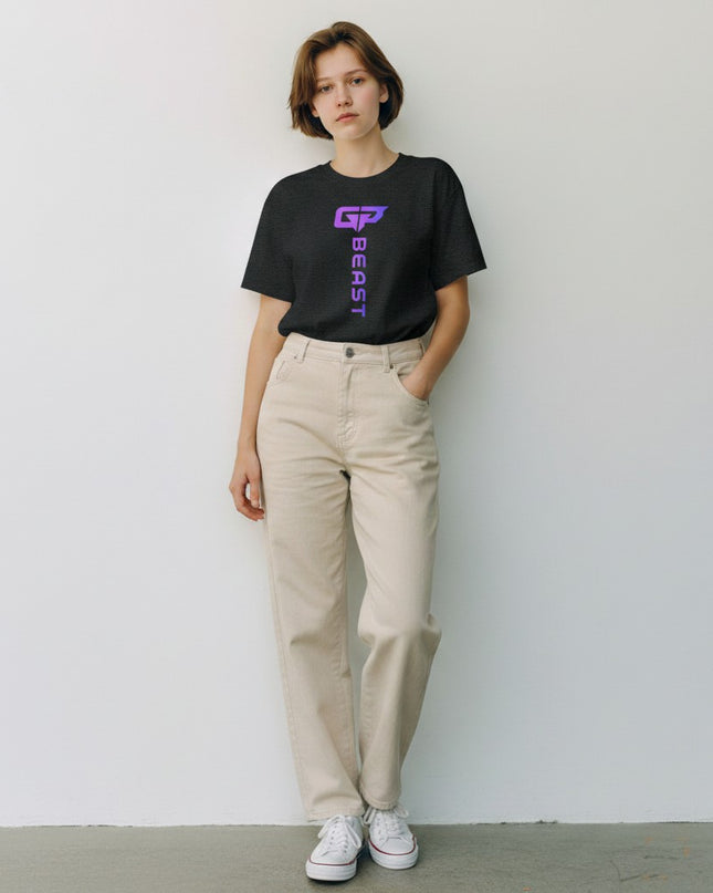 GYM PANTHERS women's dark heather t-shirt with vertical purple gradient 'BEAST' logo and GP emblem on back.