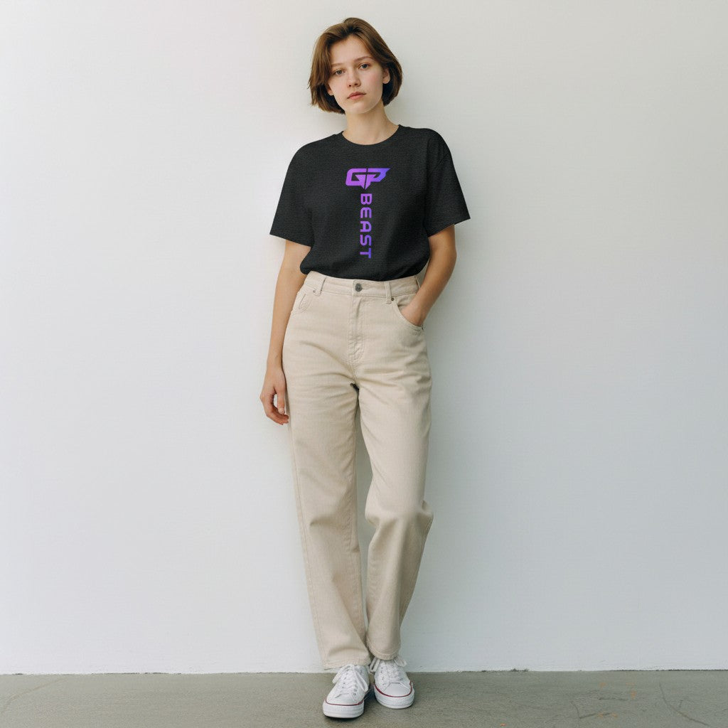 GYM PANTHERS women's dark heather t-shirt with vertical purple gradient 'BEAST' logo and GP emblem on back.