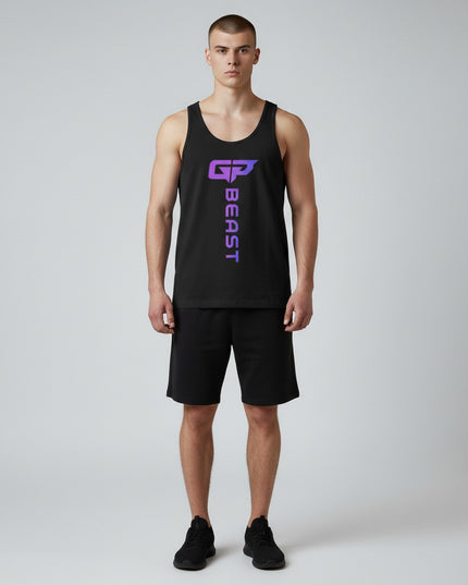 GYM PANTHERS black 100% combed ring-spun cotton Beast Elite Tank with purple gradient logo and text.