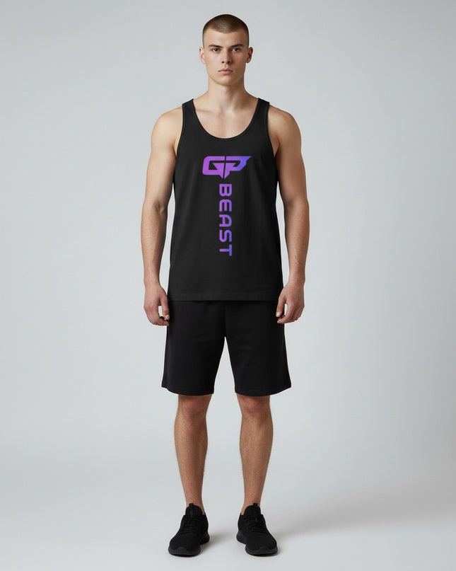 GYM PANTHERS black 100% combed ring-spun cotton Beast Elite Tank with purple gradient logo and text.