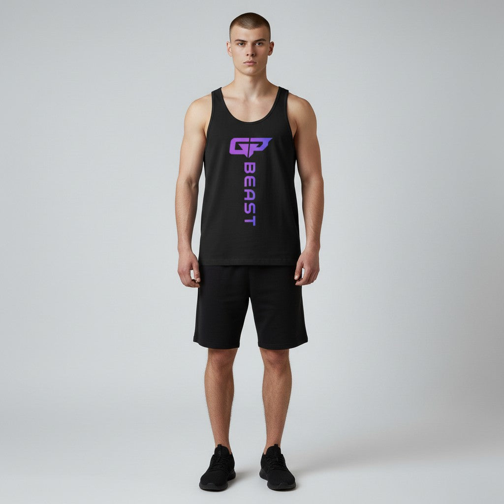 GYM PANTHERS black 100% combed ring-spun cotton Beast Elite Tank with purple gradient logo and text.