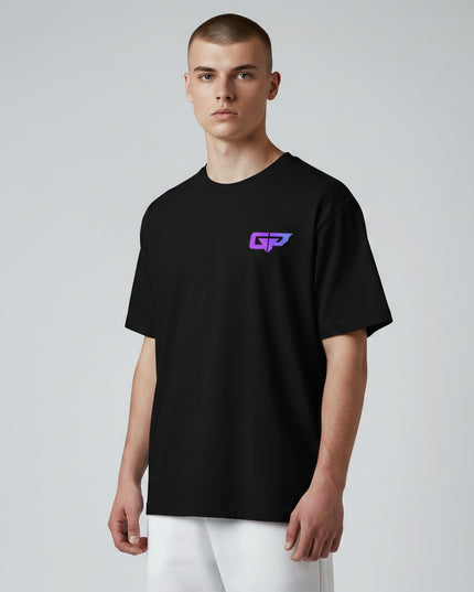 GYM PANTHERS black 100% combed ring-spun cotton t-shirt with gradient GP logo on chest. Crew neck, short sleeves.