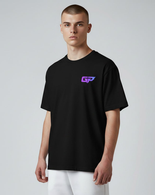 GYM PANTHERS black 100% combed ring-spun cotton t-shirt with gradient GP logo on chest. Crew neck, short sleeves.