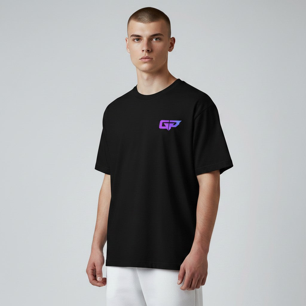 GYM PANTHERS black 100% combed ring-spun cotton t-shirt with gradient GP logo on chest. Crew neck, short sleeves.
