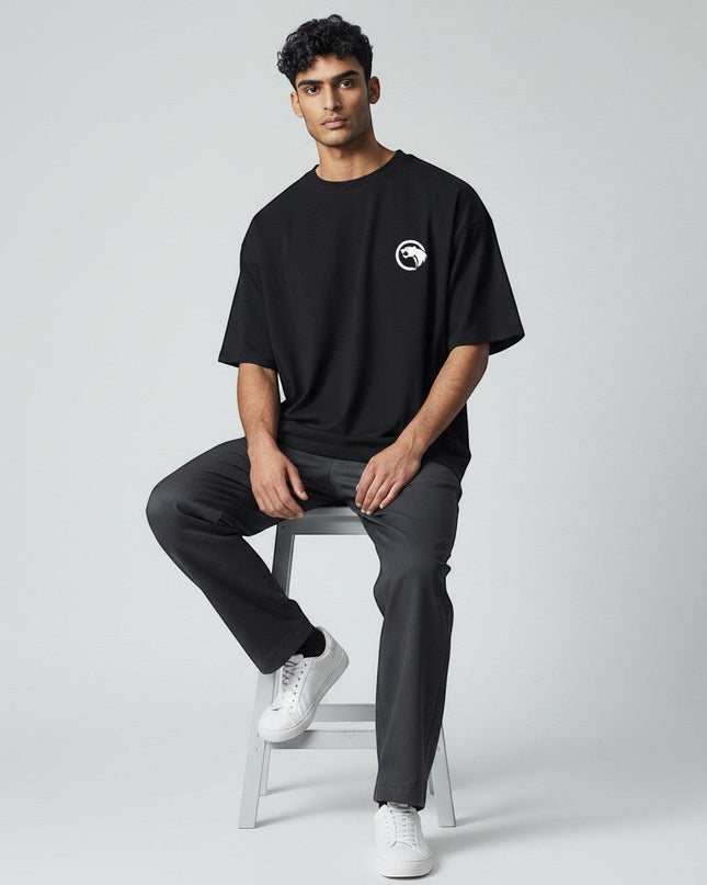 GYM PANTHERS black 100% combed ring-spun cotton t-shirt with white panther logo on chest. Designed for workouts and everyday wear.