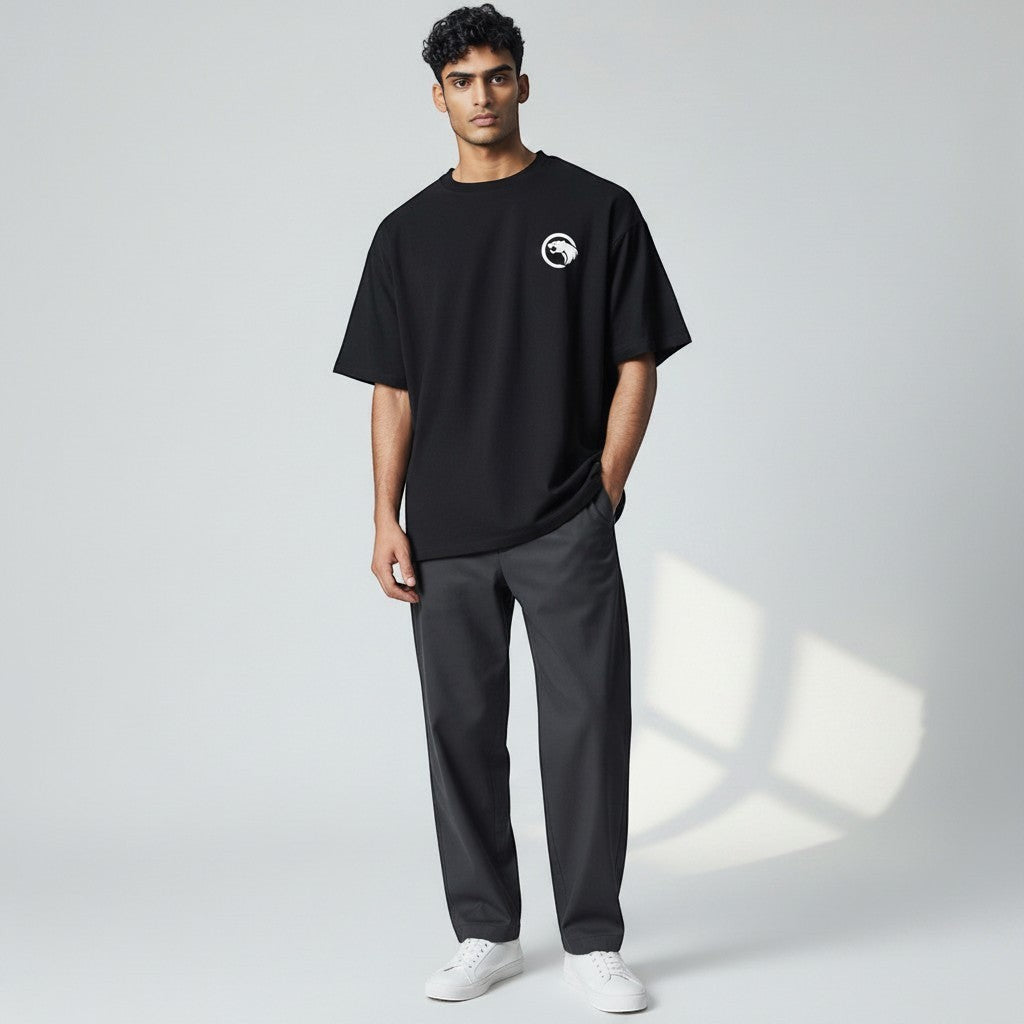 GYM PANTHERS black 100% cotton t-shirt with a white panther logo on the left chest. Designed for performance and everyday wear.