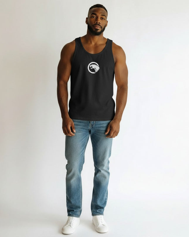 GYM PANTHERS black cotton men's performance tank top with white panther logo on chest. Athletic fit.