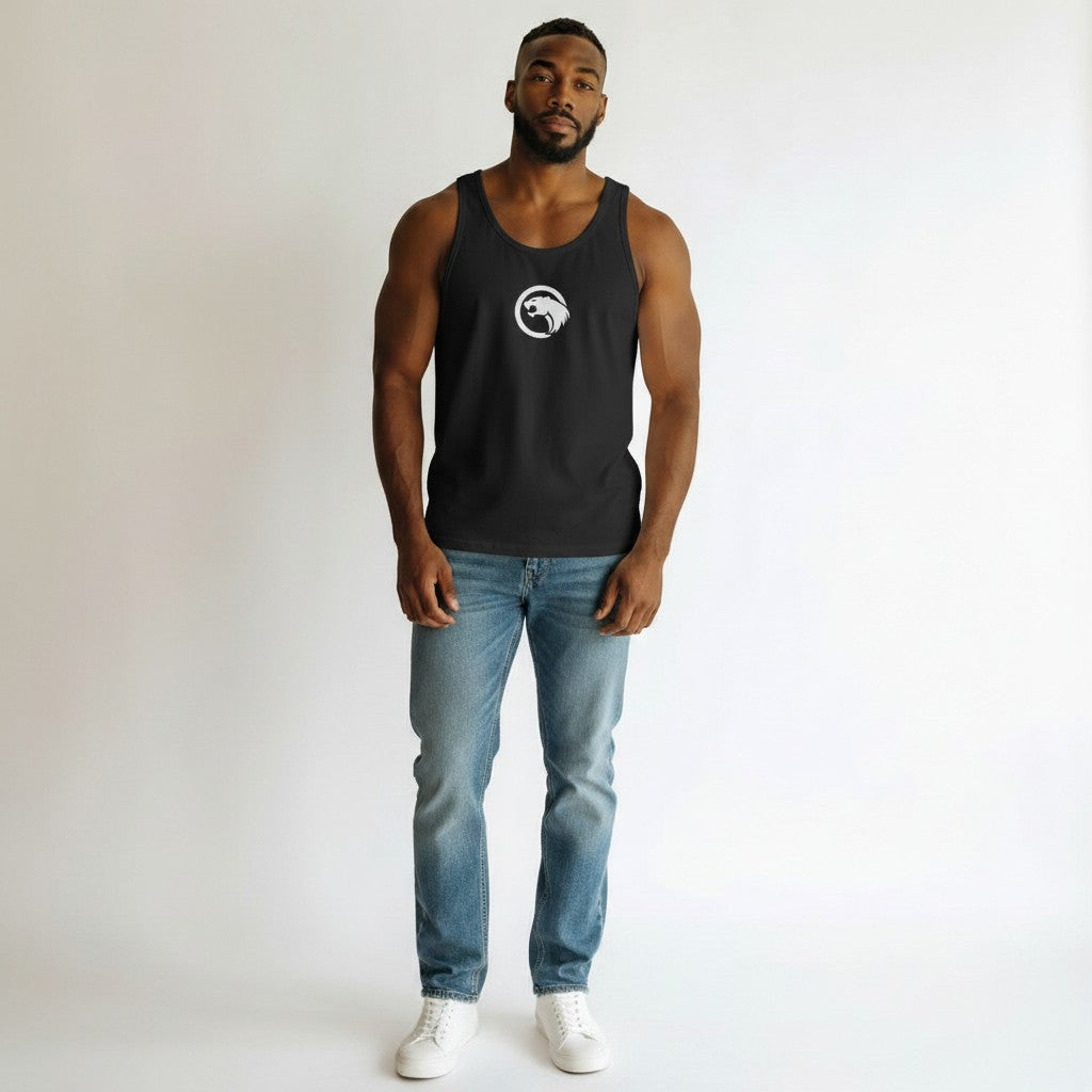 GYM PANTHERS black cotton men's performance tank top with white panther logo on chest. Athletic fit.