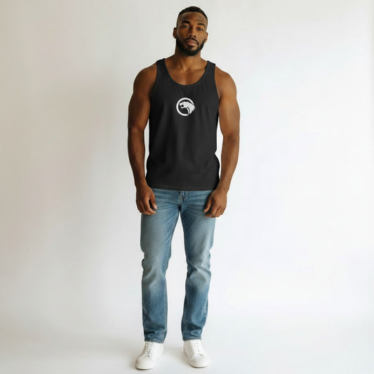 GYM PANTHERS black cotton men's performance tank top with white panther logo on chest. Athletic fit.