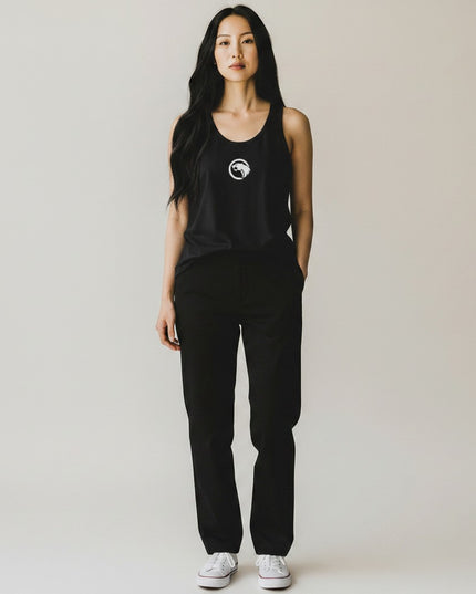GYM PANTHERS black 100% combed ringspun cotton women's tank top with white lion logo on chest.