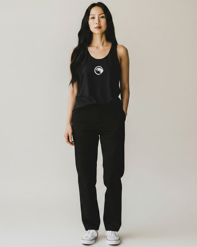 GYM PANTHERS black 100% combed ringspun cotton women's tank top with white lion logo on chest.