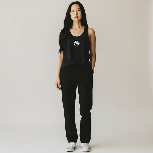 GYM PANTHERS black 100% combed ringspun cotton women's tank top with white lion logo on chest.
