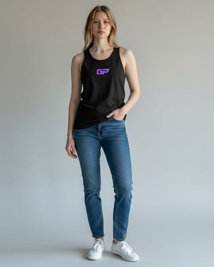 GYM PANTHERS black 100% combed ringspun cotton classic tank top with purple and blue GP logo on chest. Sleeveless, crew neck, side-seamed for a flattering fit.