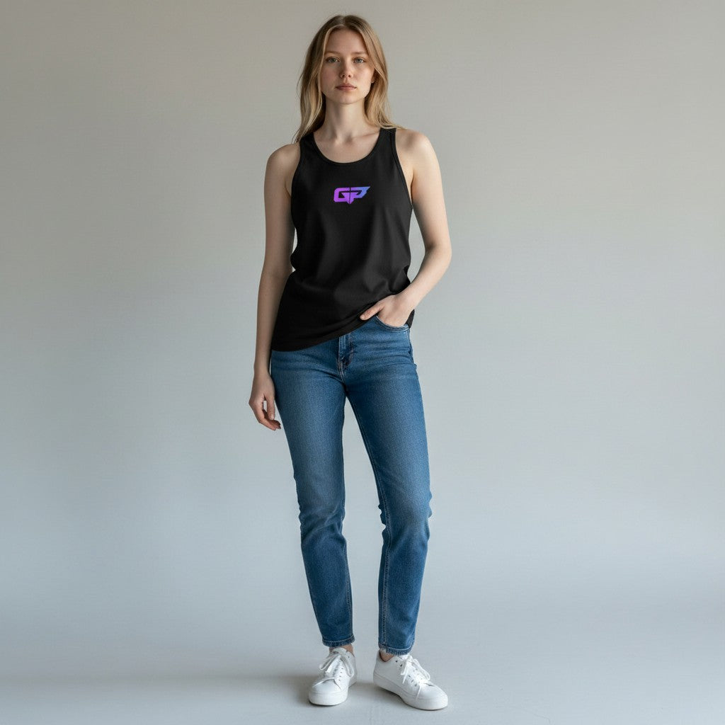 GYM PANTHERS black 100% combed ringspun cotton classic tank top with purple and blue GP logo on chest. Sleeveless, crew neck, side-seamed for a flattering fit.