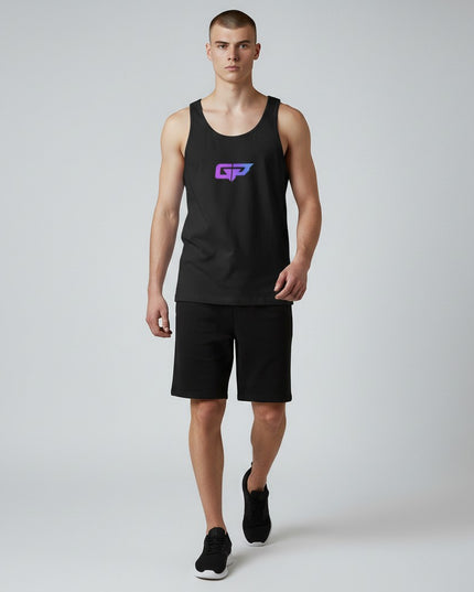 GYM PANTHERS black 100% cotton men's classic tank top with purple and blue GP logo on chest.