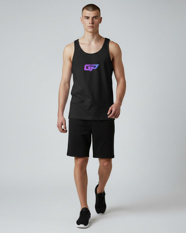 GYM PANTHERS black 100% cotton men's classic tank top with purple and blue GP logo on chest.