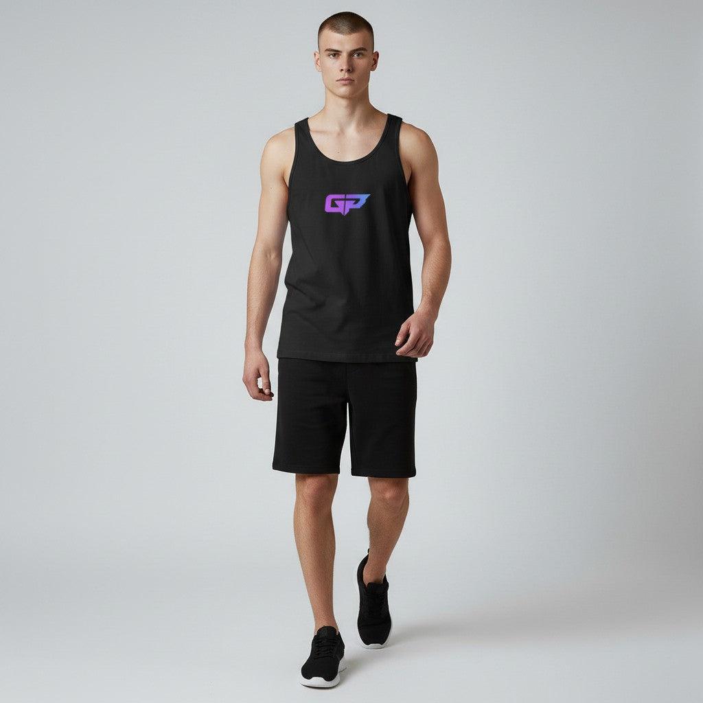 GYM PANTHERS black 100% cotton men's classic tank top with purple and blue GP logo on chest.