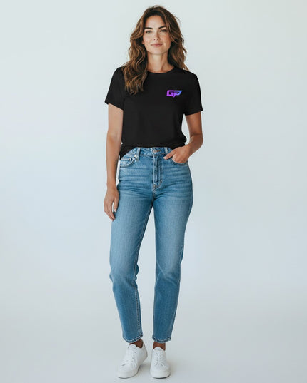 GYM PANTHERS black unisex t-shirt made from 100% combed and ring-spun cotton with a small purple and blue gradient GP logo on the left chest.