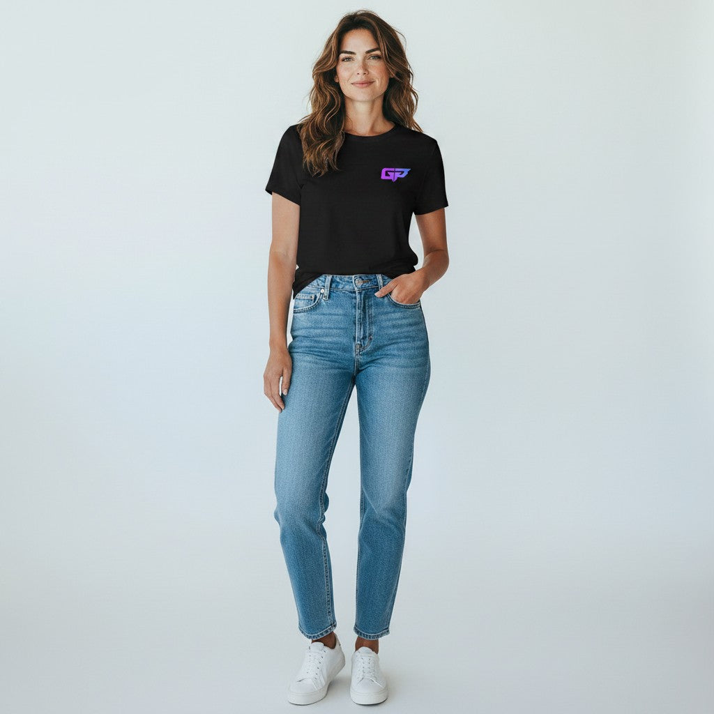 GYM PANTHERS black unisex t-shirt made from 100% combed and ring-spun cotton with a small purple and blue gradient GP logo on the left chest.