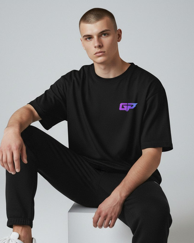 GYM PANTHERS black 100% cotton t-shirt with purple GP logo on chest, short sleeves, crew neck, and flattering fit.