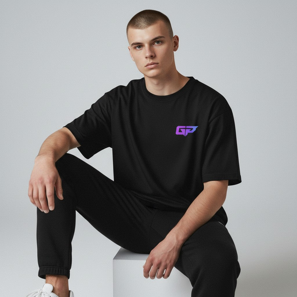GYM PANTHERS black 100% cotton t-shirt with purple GP logo on chest, short sleeves, crew neck, and flattering fit.