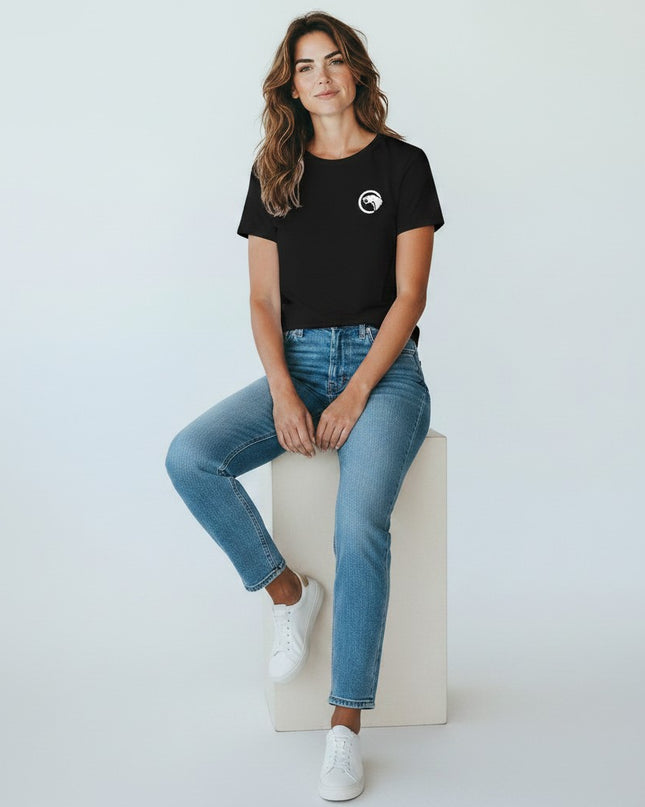 GYM PANTHERS black 100% cotton t-shirt with crew neck and small white logo on chest, worn by a woman with jeans.