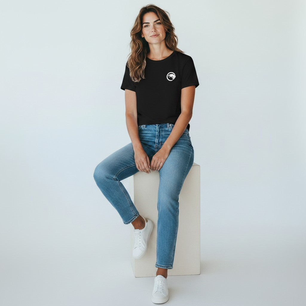 GYM PANTHERS black 100% cotton t-shirt with crew neck and small white logo on chest, worn by a woman with jeans.