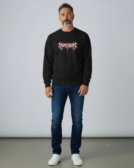 GYM PANTHERS black crewneck sweatshirt with white and red dripping graphic text reading "PANTHERS" across the chest.