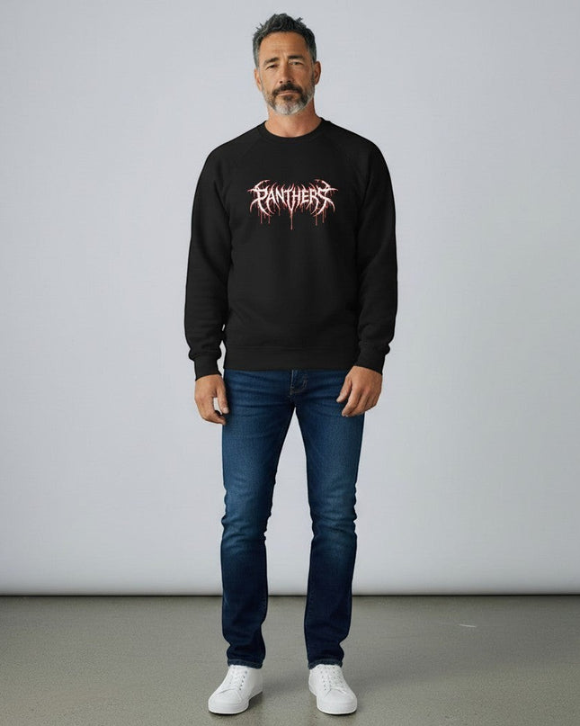 GYM PANTHERS black crewneck sweatshirt with white and red dripping graphic text reading "PANTHERS" across the chest.