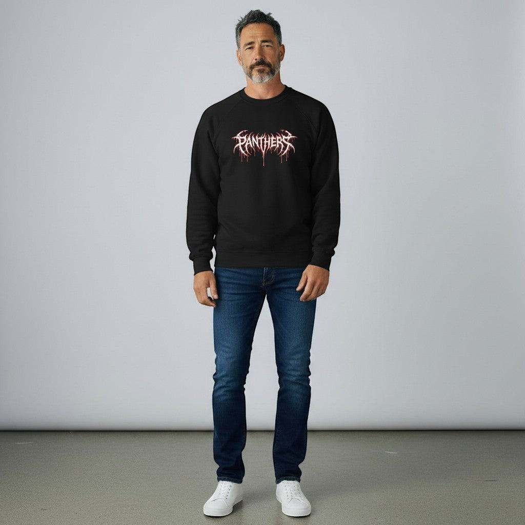 GYM PANTHERS black crewneck sweatshirt with white and red dripping graphic text reading "PANTHERS" across the chest.