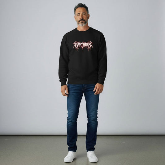 GYM PANTHERS black crewneck sweatshirt with white and red dripping graphic text reading "PANTHERS" across the chest.