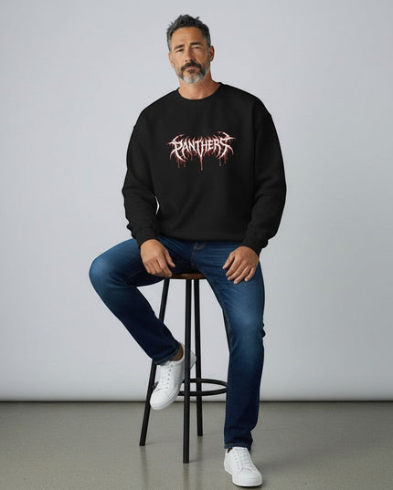 GYM PANTHERS black crewneck sweatshirt with white and red dripping graphic text reading "PANTHERS" across the chest.