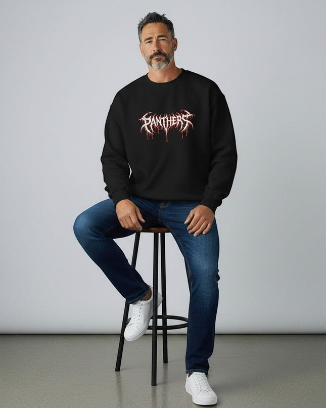 GYM PANTHERS black crewneck sweatshirt with white and red dripping graphic text reading "PANTHERS" across the chest.