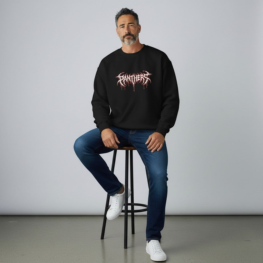 GYM PANTHERS black crewneck sweatshirt with white and red dripping graphic text reading "PANTHERS" across the chest.