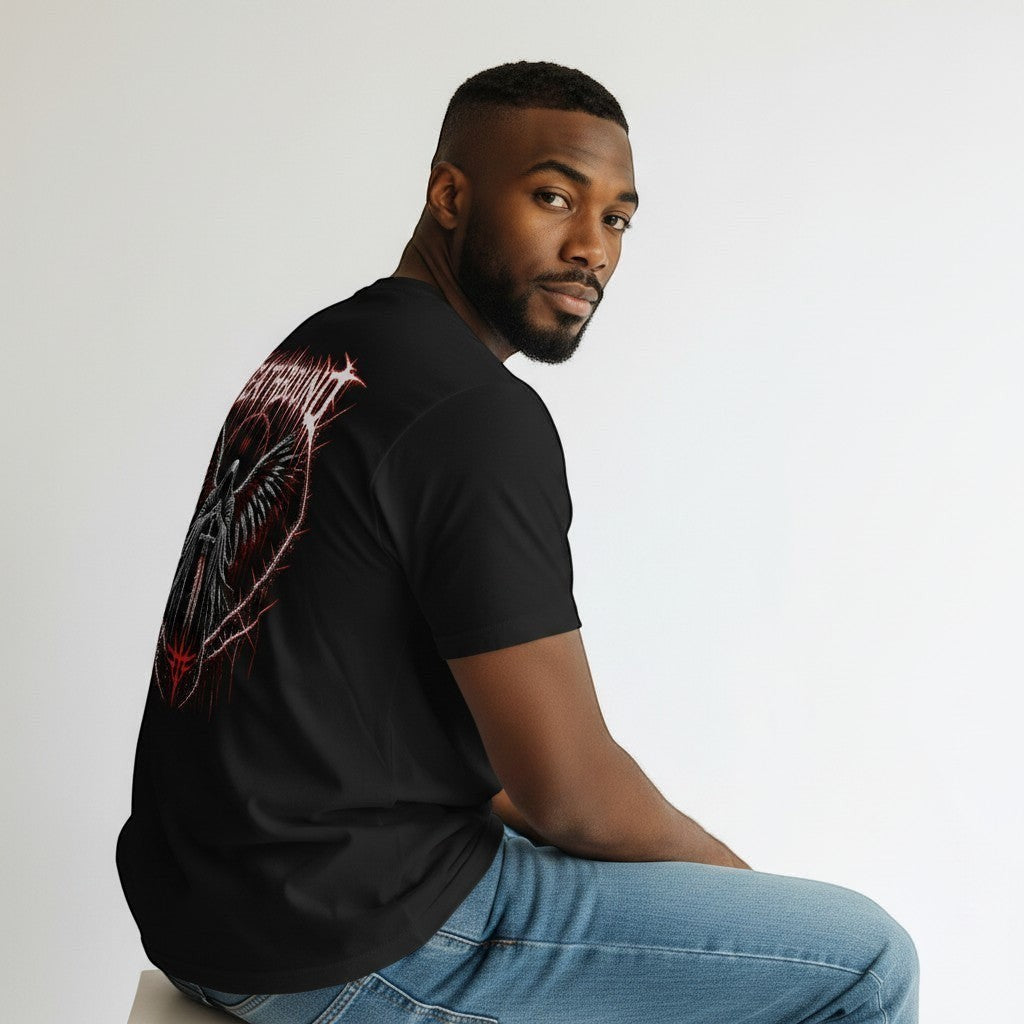 GYM PANTHERS black cotton t-shirt with 'Deathbound' graphic featuring a winged figure holding a sword.