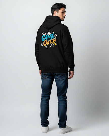 GYM PANTHERS black hoodie with "GAME OVER" graffiti-style graphic in blue, orange, and yellow. Features eye and star details.
