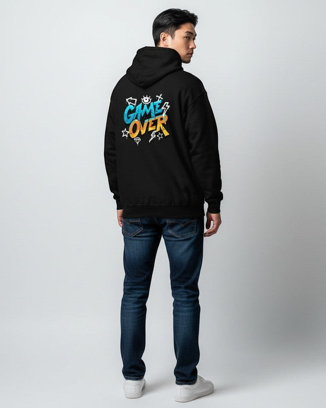 GYM PANTHERS black hoodie with "GAME OVER" graffiti-style graphic in blue, orange, and yellow. Features eye and star details.