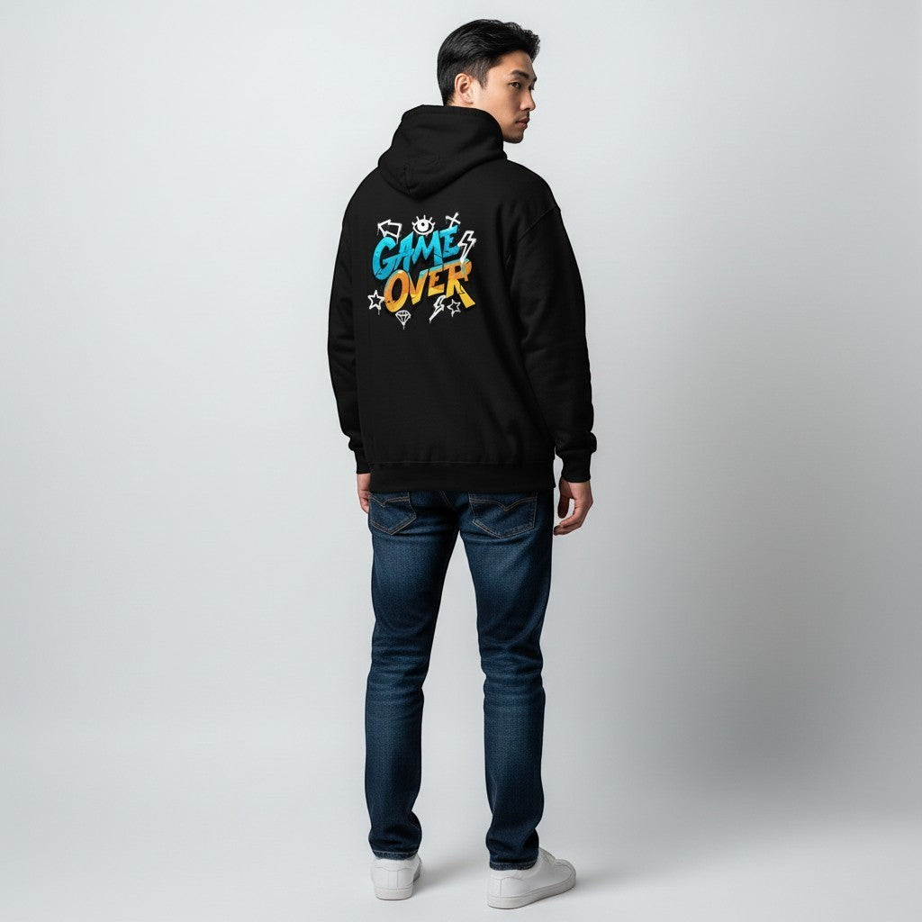 GYM PANTHERS black hoodie with "GAME OVER" graffiti-style graphic in blue, orange, and yellow. Features eye and star details.